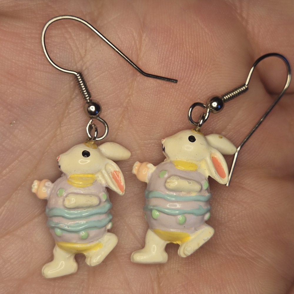Bunnies Dressed As Easter Eggs Dangle Earrings with Pastel Colors - Picture 7 of 8